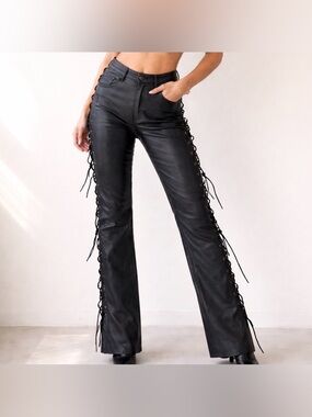 Spirit Black Genuine Leather Straight Leg Side Lace Biker Pants Womens Size 31